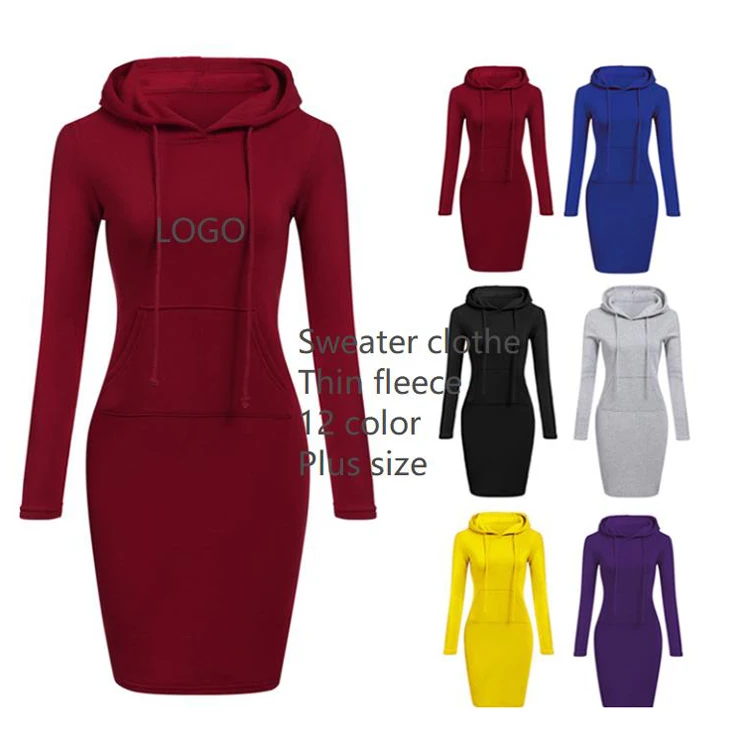 

Women autumn winter pullover hoodies dress long sleeve cotton custom print logo hoodie dress long blank hoodie dress for women, Customized color/as show