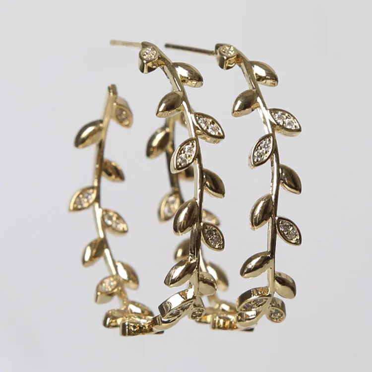 

XuQian leaf Type Gold Plated Zircon Big Round Hoop Earrings for Women