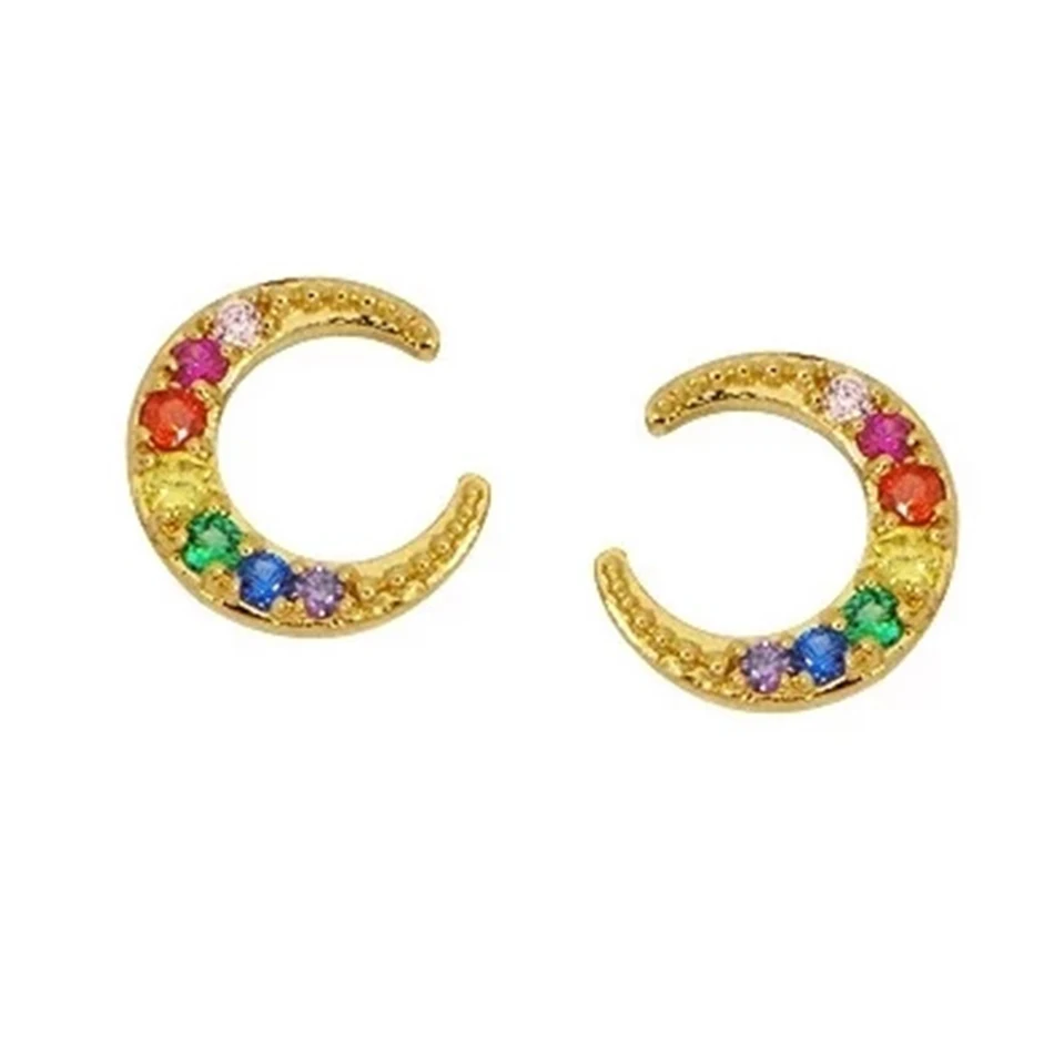 

Factory Wholesale Classical 18k Gold Vermeil 925 Sterling Silver Rainbow Pave Moon Stud Earrings for women