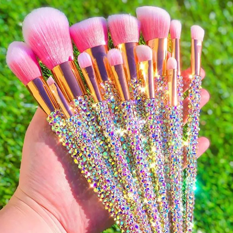 

Bling 12pcs Rhinestone Hair Maquillaje Brochas Cosmetic Beauty Diamond Glitter With Shiny Handle Makeup Brush Set For Women, Customized color