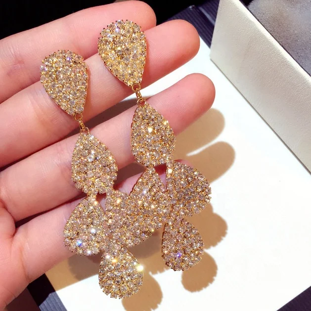 

Exaggerated Long Drop Earrings New Fashion Brand Luxury Full Rhinestone Dangle Earrings For Women Jewelry Gift, Picture shows