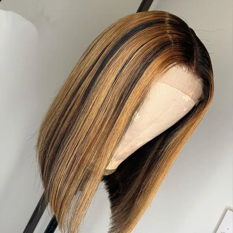 

Ombre Brown Honey Blonde Short Bob Wig Transparent HD Lace Front Wig Colored Full 360 Frontal Human Hair Wigs