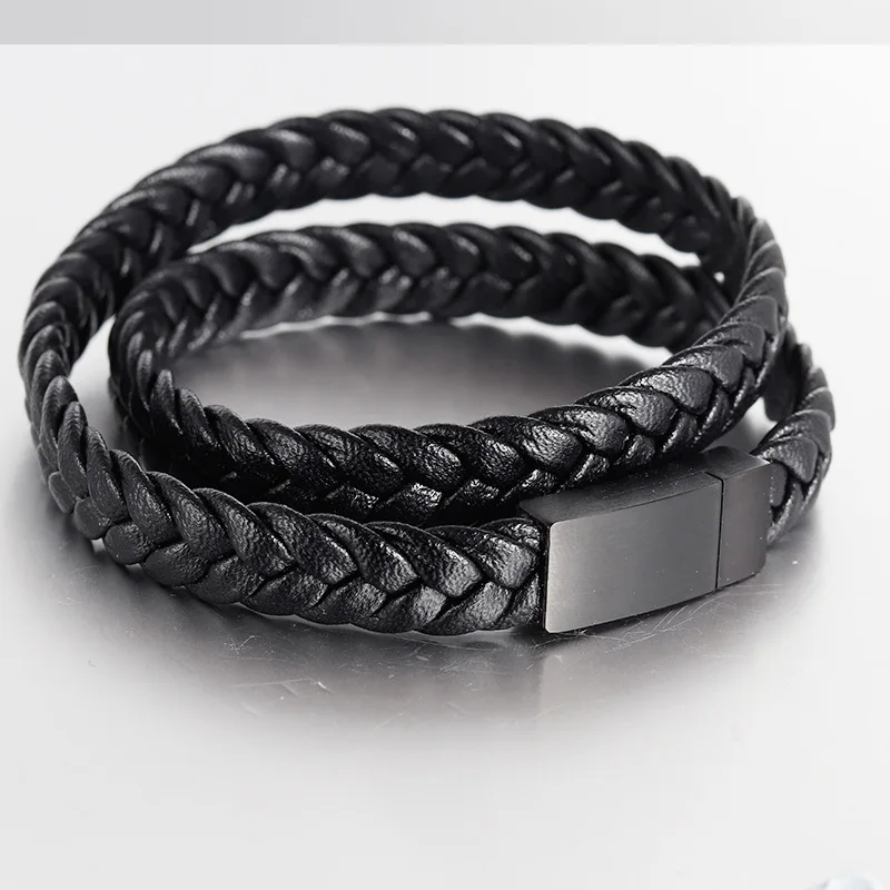 

Genuine Wrap Braided Leather Cuff Bangle Bracelet with Magnetic Stainless Steel Clasp For Men, As picture