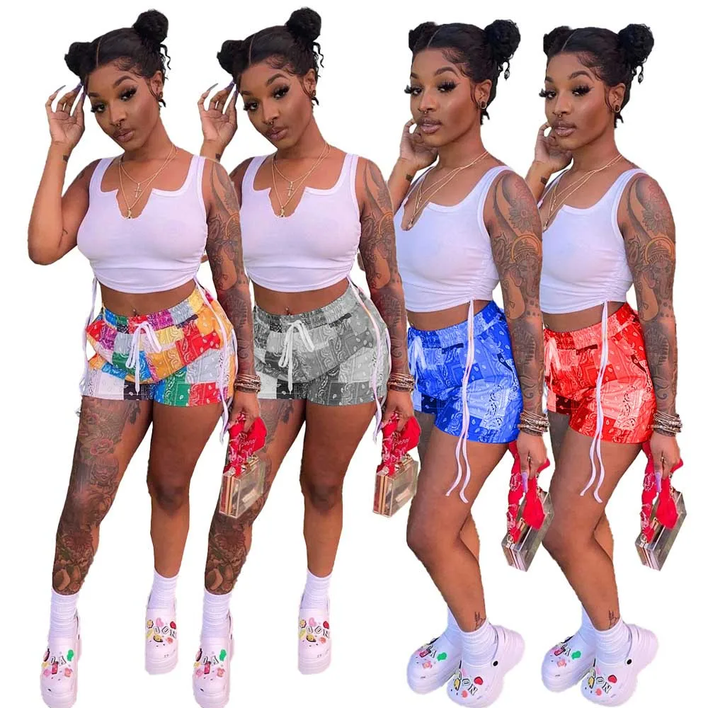 

casual print drawstring crop tops biker shorts summer two piece set women