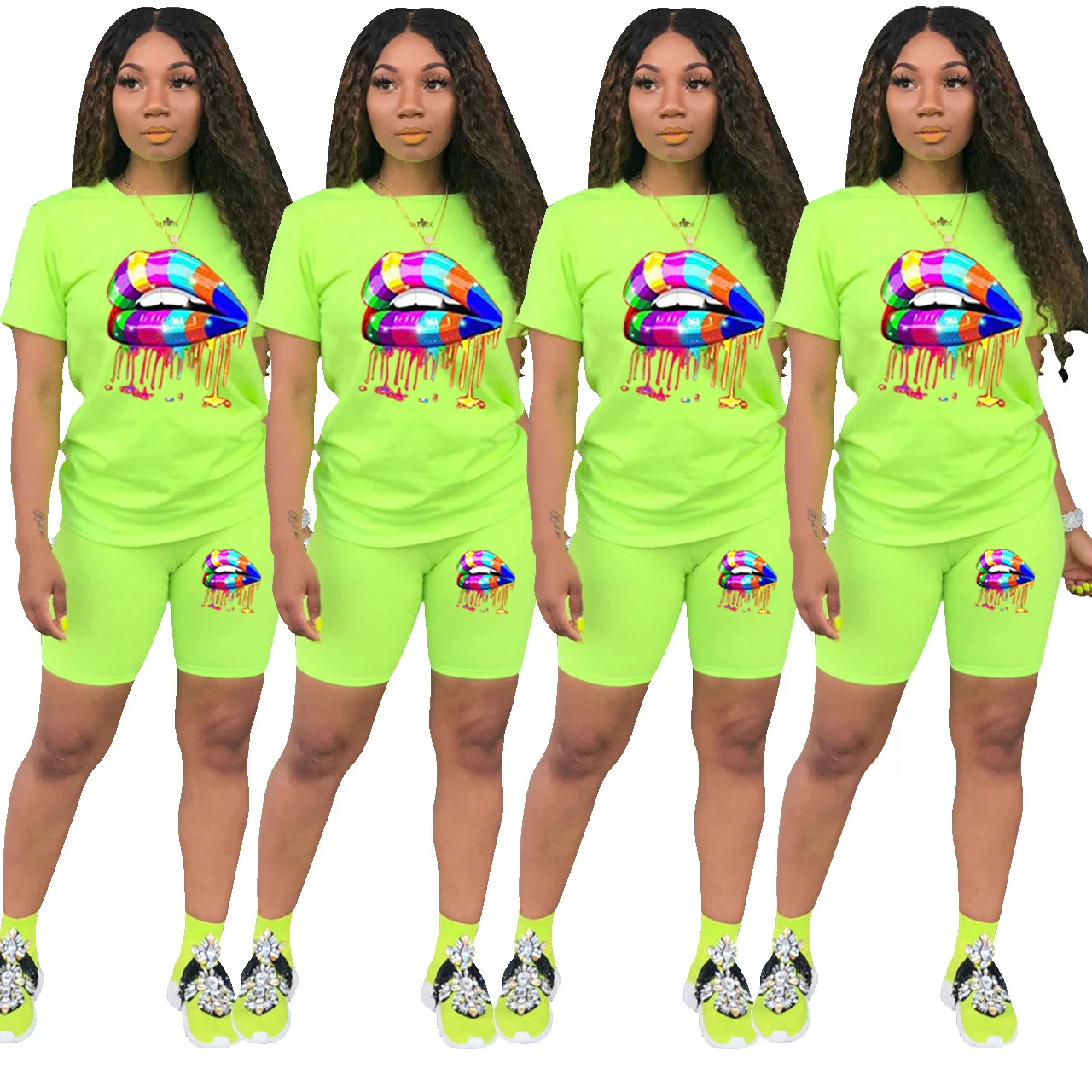 

New arrivals Printed Lip Pattern Home Wear Woman Plus Size Two Piece Short Sets