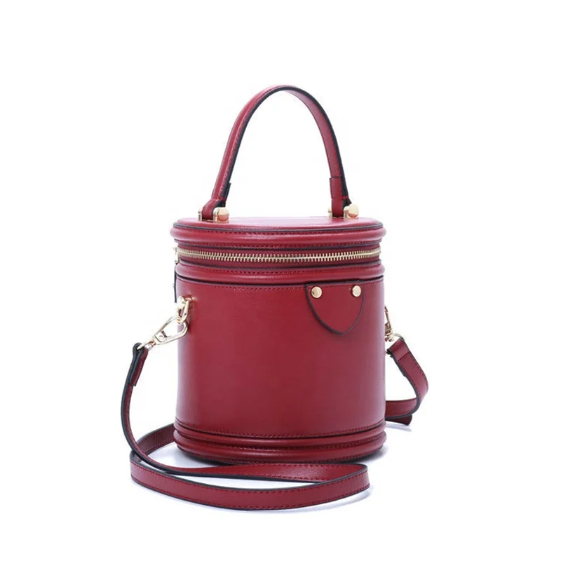 

2021 Genuine leather cylinder crossbody bag travel cylindrical genuine leather bag zipper cross body bags for women girls, Black/red/white/pink/green/etc.