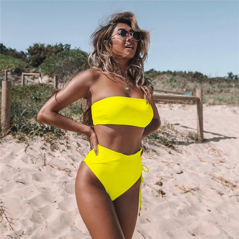 

2021 Custom Private Label Swimwear Logo Swimsuit Sexy Neon Solid Yellow Micro Bikini Women Off Shoulder Bandeau Bathing Suits