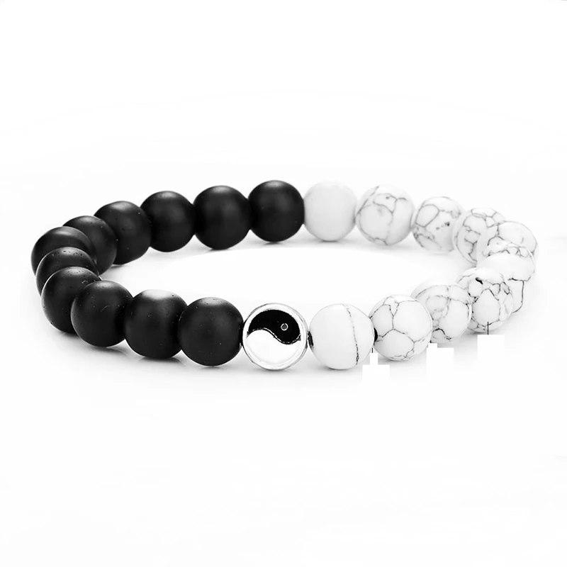 

Valentines Day 8MM Matte Black White Stone Tai Chi Charm Lucky Couple Jewelry Yin Yang Beaded Bracelets