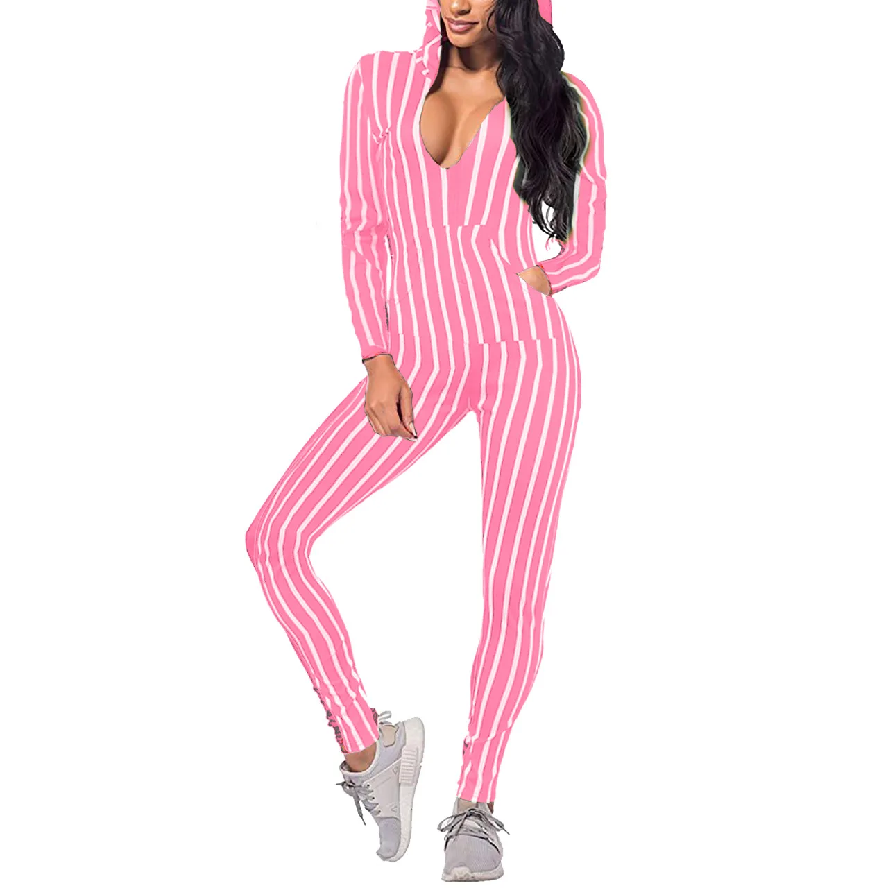 

High quality long-sleeved women's striped printed hooded jumpsuit set with pocket