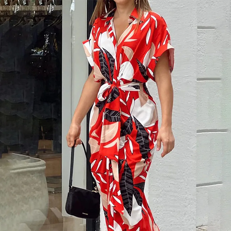 S-3XL Printed Polo Neck Short Sleeve High Waist Long Shirt Dress Casual Lace up Dress