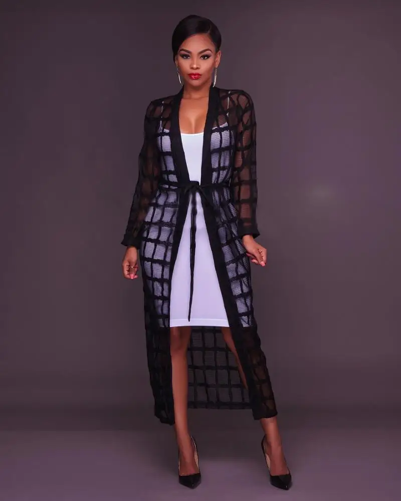 N315Wholesale hot style mesh perspective belted long-sleeved dress