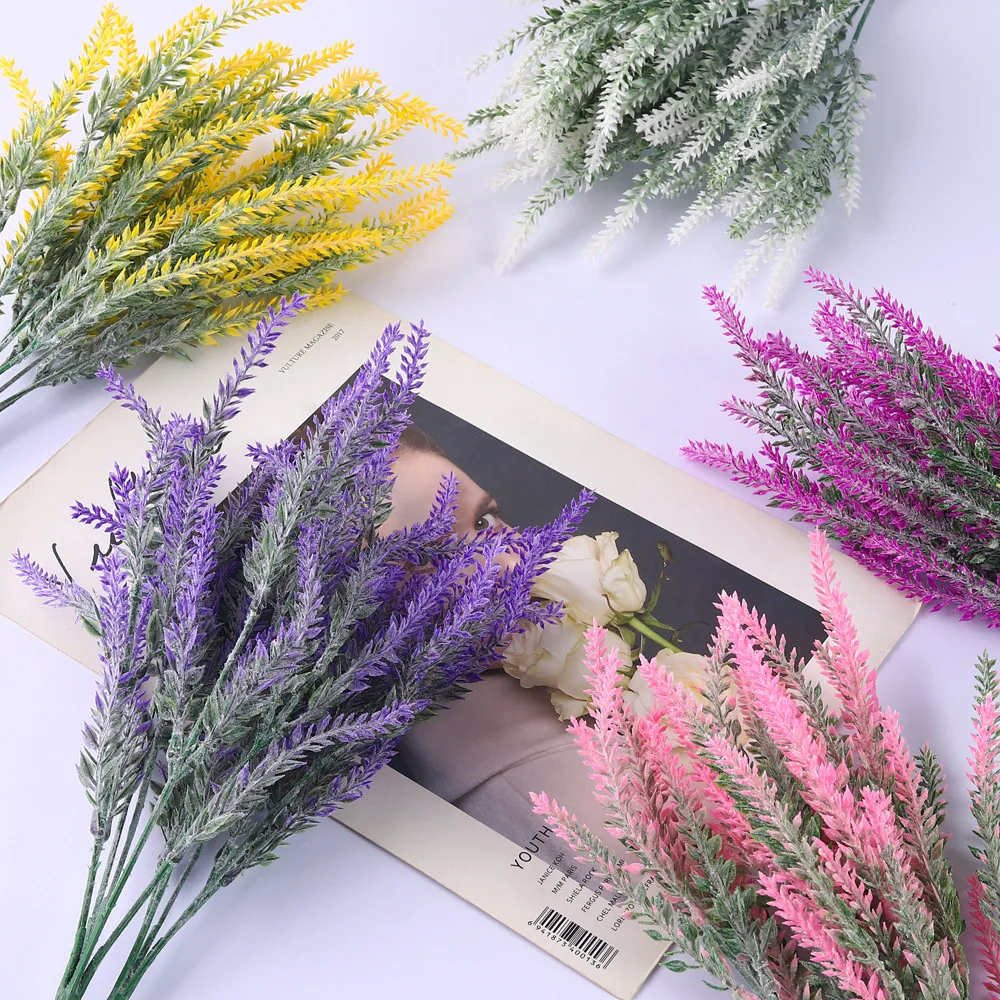 

Office Table Decor Small Faux Plastic Flocked lavender Bouquet 5 Branches Artificial lavender Dried Flower, Colorful