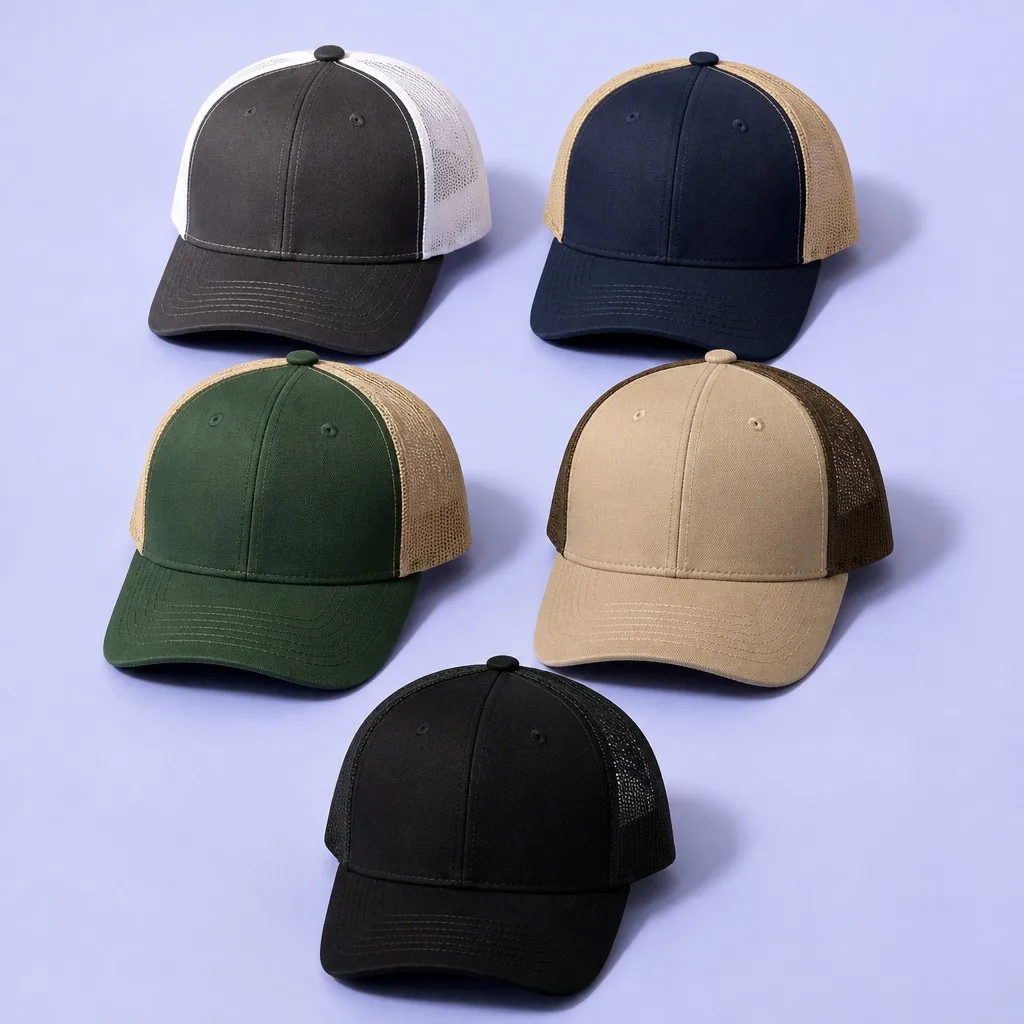 5 Trucker Hat Colorways: Charcoal White, Navy Tan, Forest Khaki, Camel Brown, and Solid Black