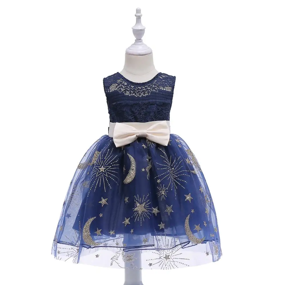 

KZT2584 New design Star moon pattern baby girls lace dress dark blue children's evening dress kids