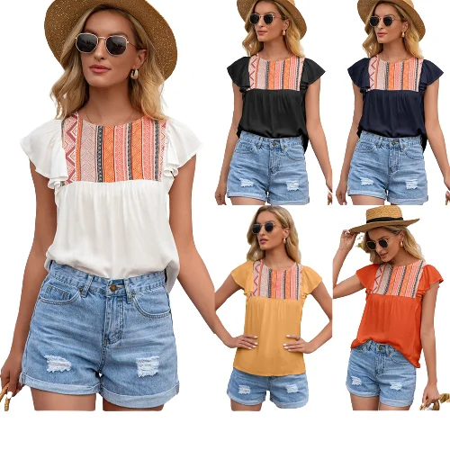 

F50129A 2021 hot sale Folk style round collar women shirts loose short sleeve blouse women tops, Black, yellow, white, orange, navy blue
