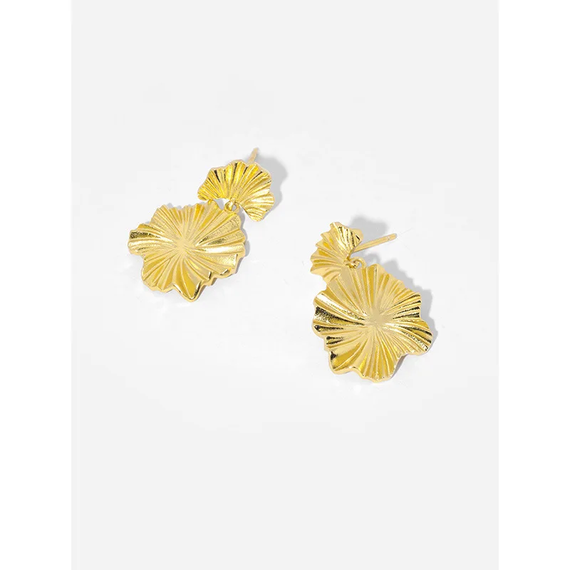 

2023 Statement Gold Dangle Earrings 925 Sterling Silver 18K Gold fall leaves shape Wrinkle Texture Flower Drop Stud Earrings