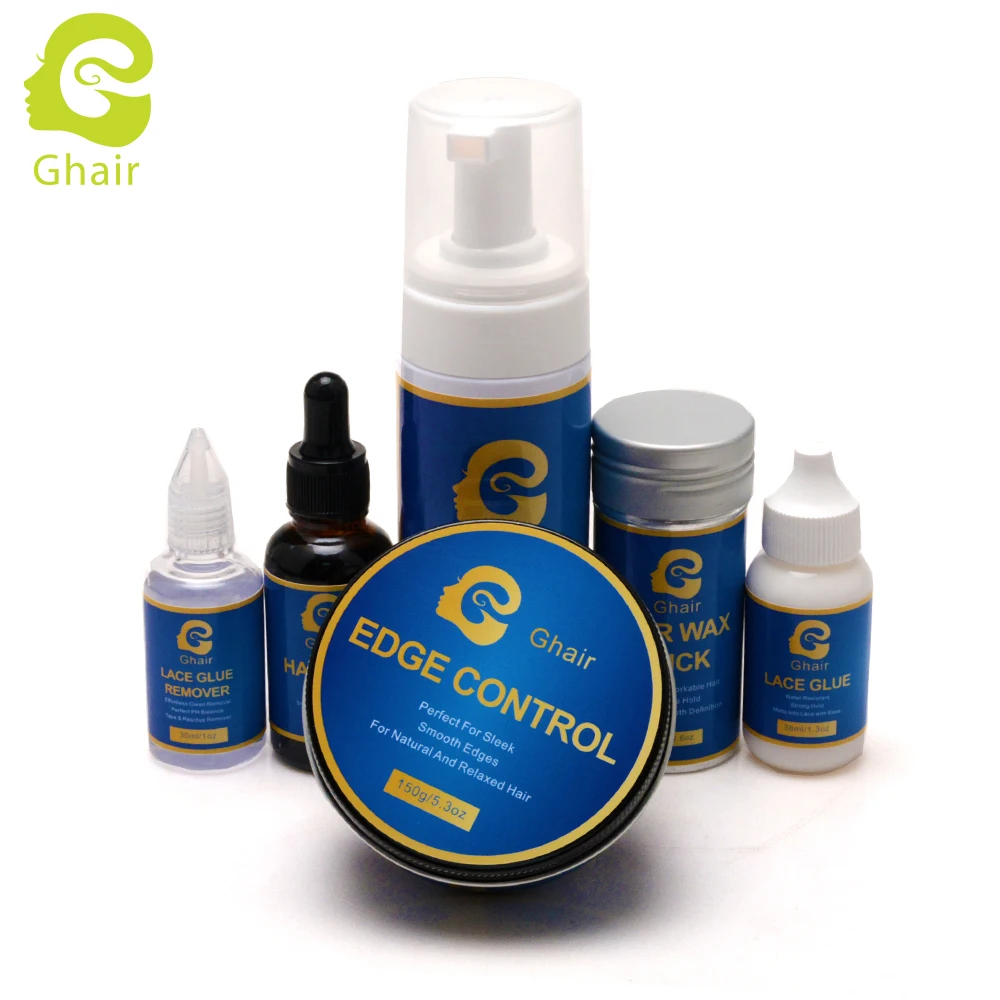 

Free shipping Custom Logo wig Kit set Hair glue lace glue remover edge control styling mousse,hair wax stick, oil brush, Transparent