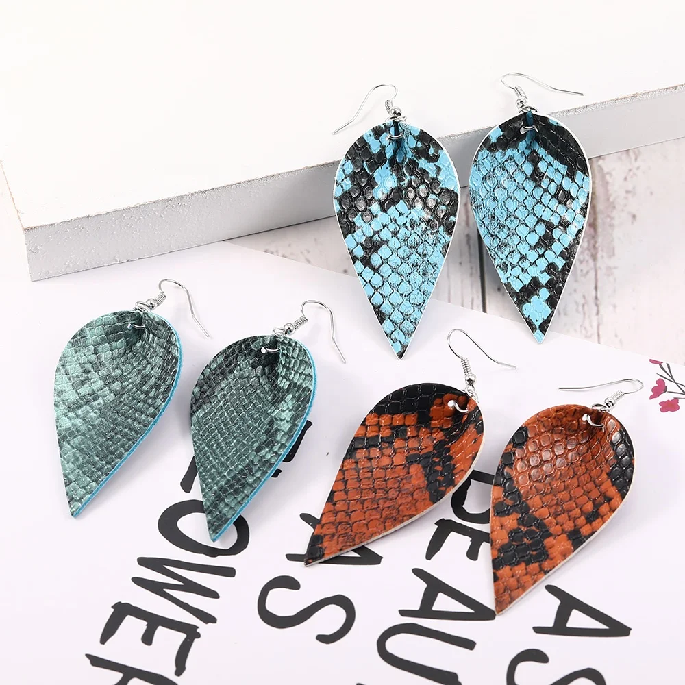 

Fashion light weight snakeskin print leather earrings leaf drop dangle earrings for women jewelry