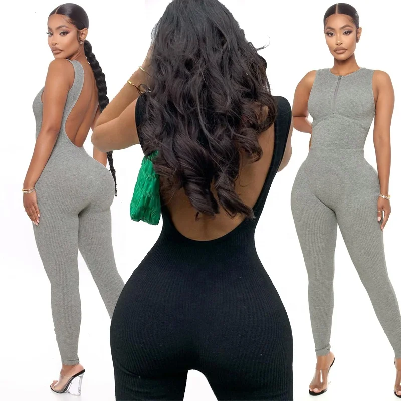 

LW-X01649M Regular ribbing fabric backless design rompers summer jumpsuit for woman, As picture or customized make