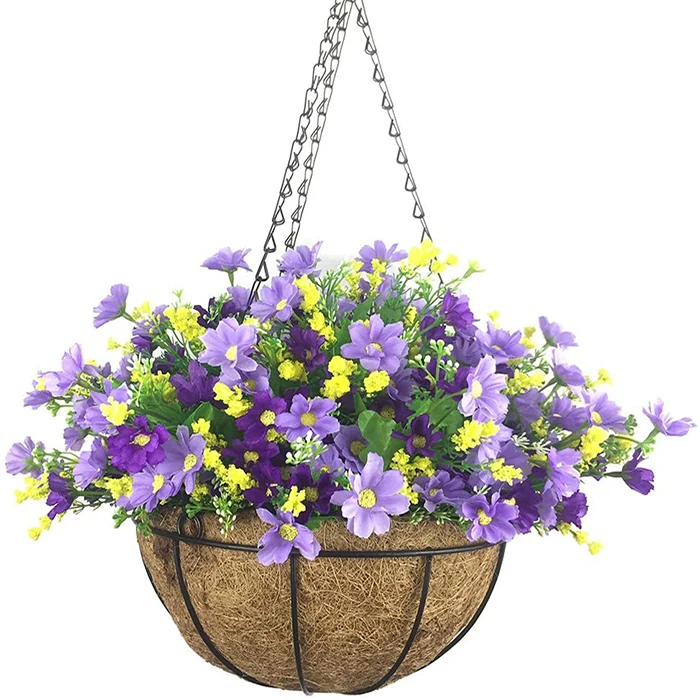 

Hanging Basket with Artificial Flowers Wall Coconut Palm Basket Artificial Hanging Flower Plant for Outdoor Patio Lawn Garden, As shown