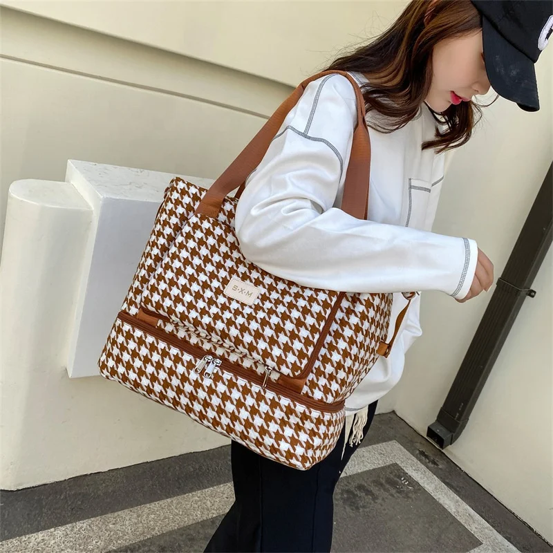 

4color Woven Houndstooth Dry Wet Waterproof Women Travel Shoe Compartment Duffel Travel Gym Tote Bag with Luggage Trolley Holder