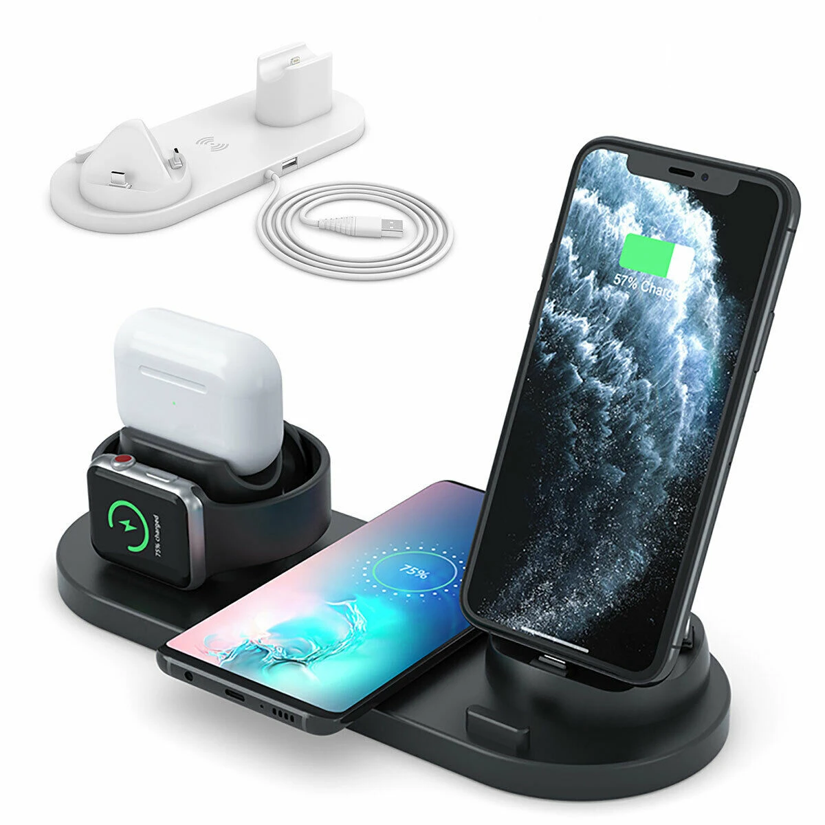 

YTGEE 2021 Multi-function 5W 7.5W 10W Fast Charging Dock 6 in 1 Qi Phone Wireless Charger Stand for Mobile Phon Watch Earphone, Black white rose golden