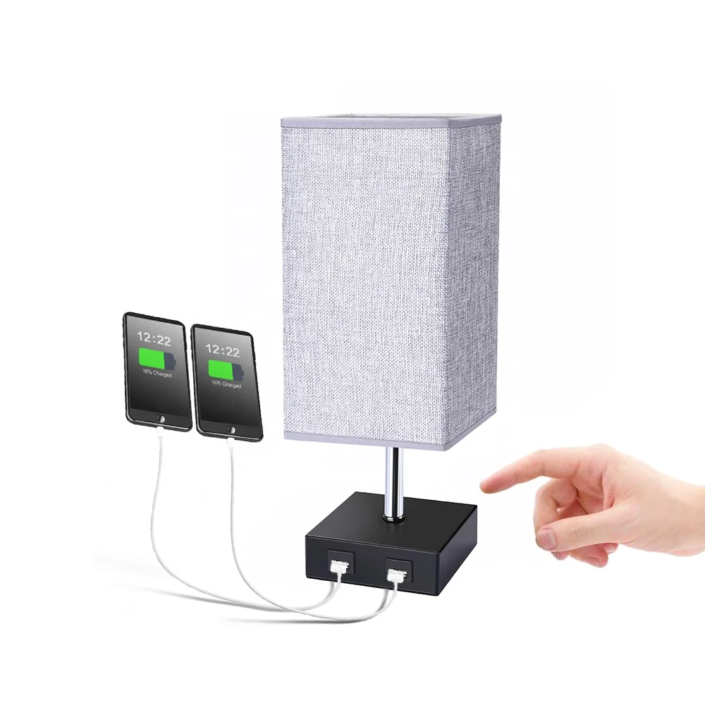 
USB table lamp, Bedside lamps with 2 USB charging ports for bedroom, Nightstand lamp with Grey Fabric shade 