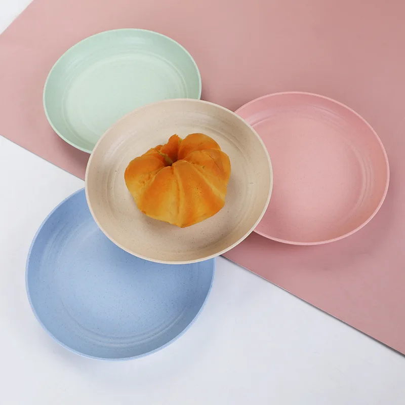 

Round wheat straw tableware anti-fall meal dish multi-color fruit plate creative wholesale plastic plate, Customized color