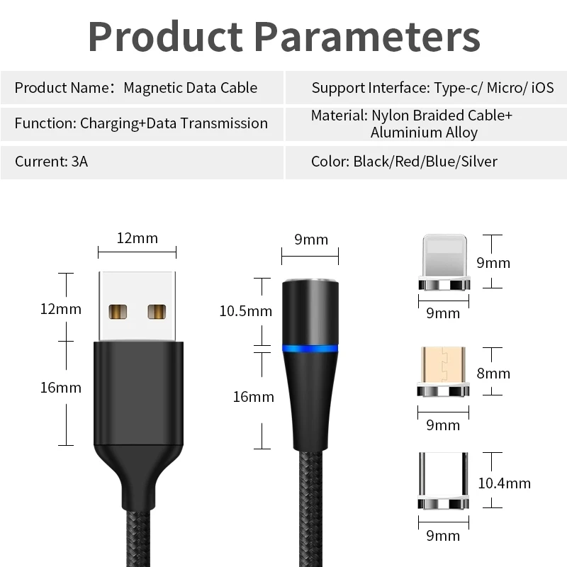 Nylon Braided 360 Degree Round 3A Led Magnetic Cable 3 in 1 Quick Charge Magnet Usb Cord for iPhone Android Type C - ANKUX.COM