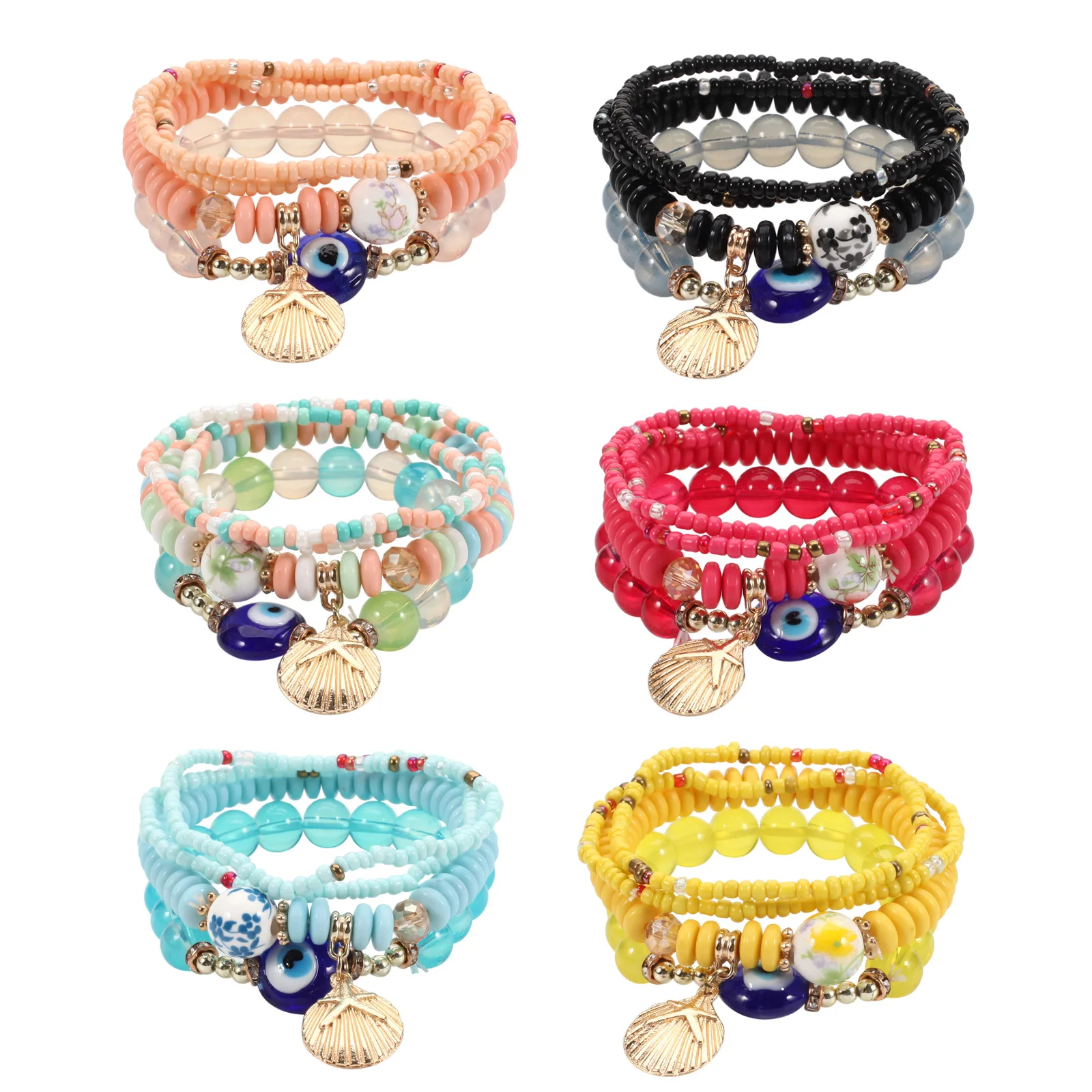 

Bohemia Style Multi-layer Metal Shell Devil's Eye Tassel Charm Bangles Accessories 4Pcs/sets Evil Eye Pendant Bracelets