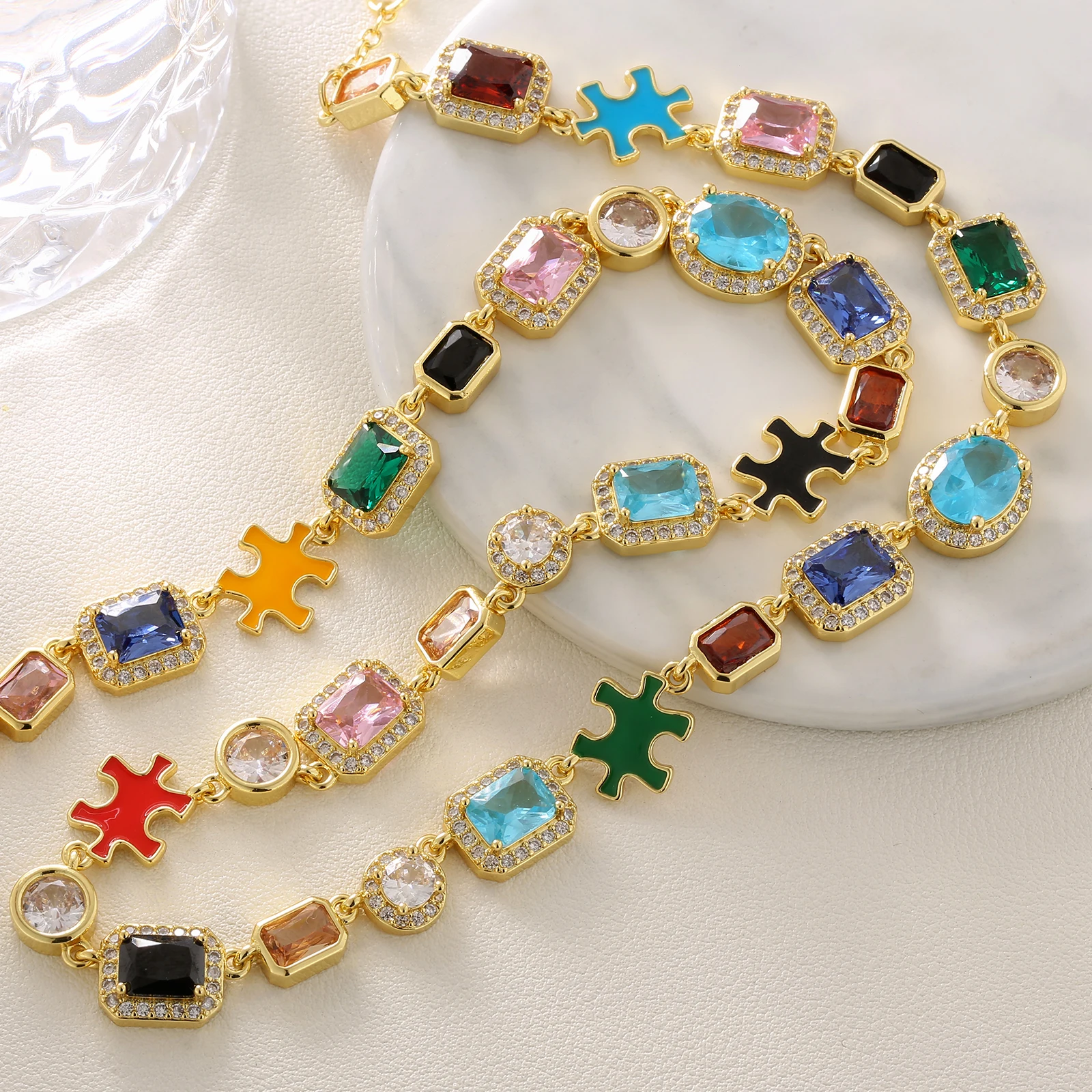 Luxury Jewelry Puzzle Iced Out CZ Diamond Link Chain 18K Gold Plated Men Hip Hop Women Colorful Cubic Zirconia Gemstone Necklace