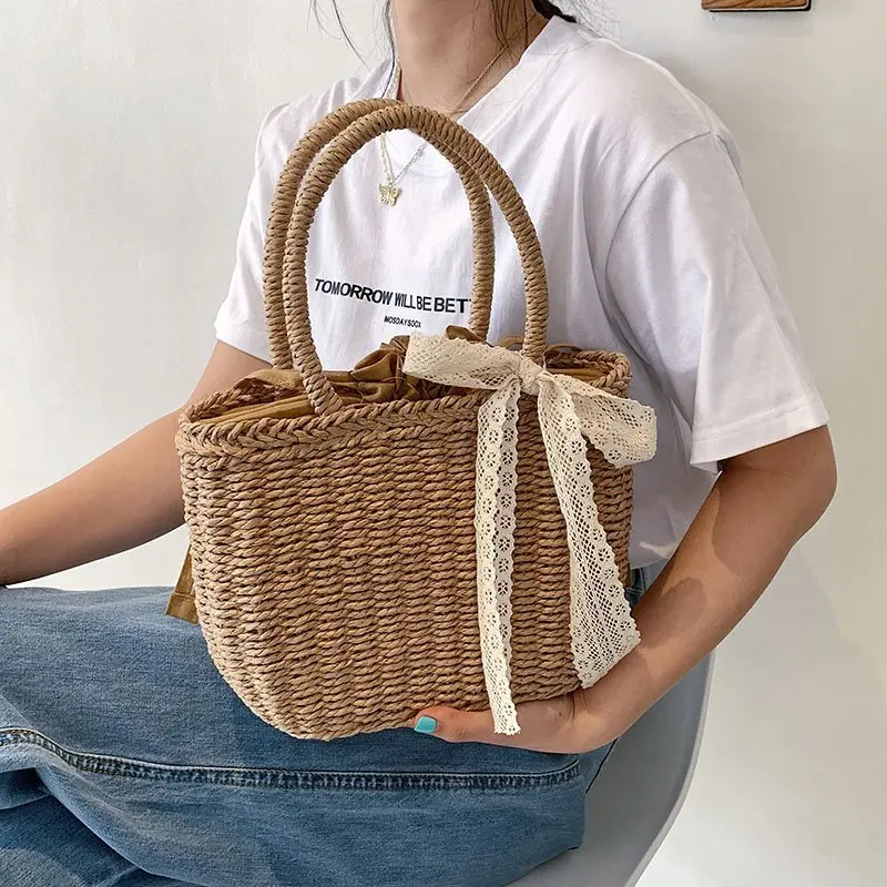 

2021 Summer Women Travel Beach Bag Tote Bucket Woven Basket Bag Drawstring Ladies Designer Handbags, As picture