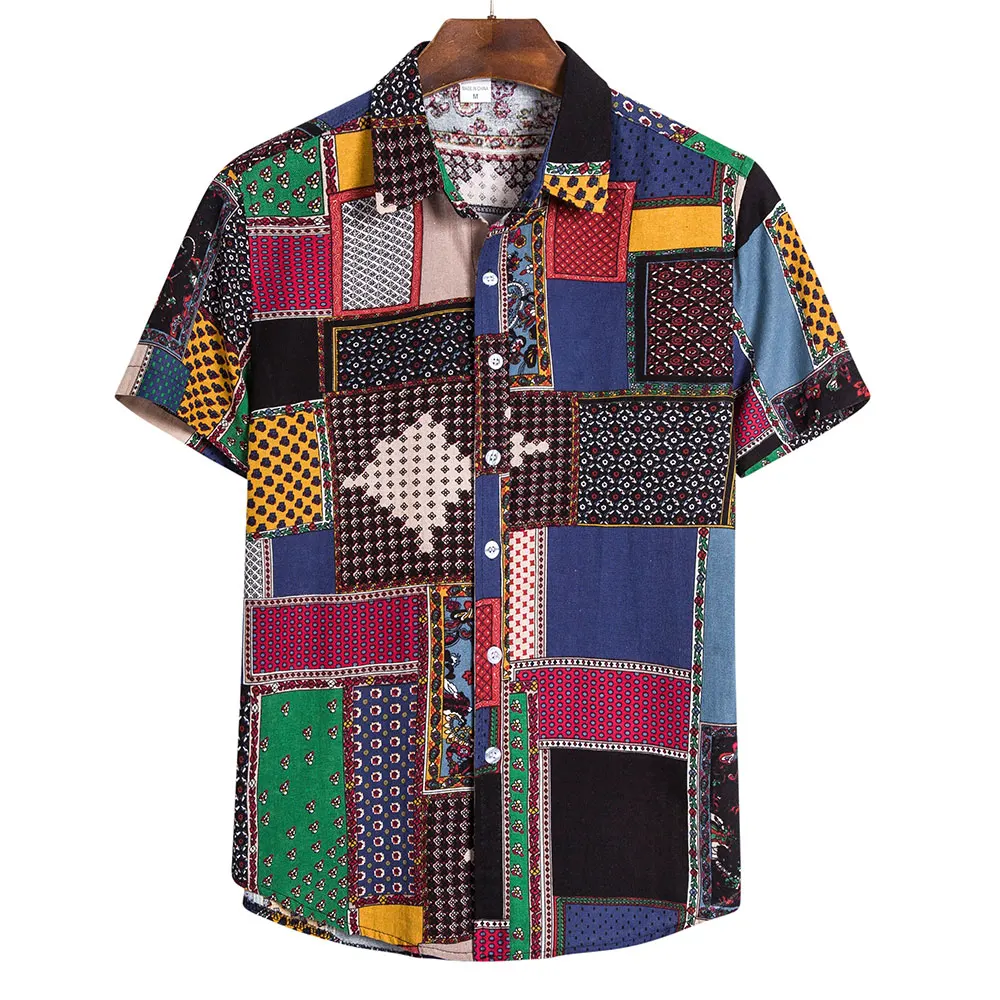 

New large-size men's short-sleeved shirt fashion print temperament commuting multi-color