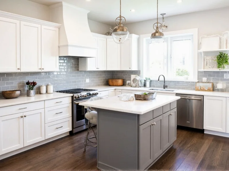 Completed DIY kitchen with painted cabinets and tile backsplash