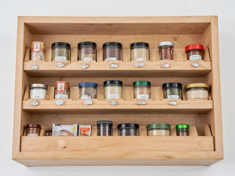 Custom spice rack with labeled shelves and magnetic tin holders