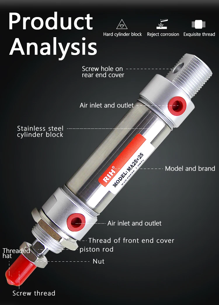 Ma Series Stainless Steel Mini Cylinder,Double Acting Pneumatic Cylinders,Small Compressed Air