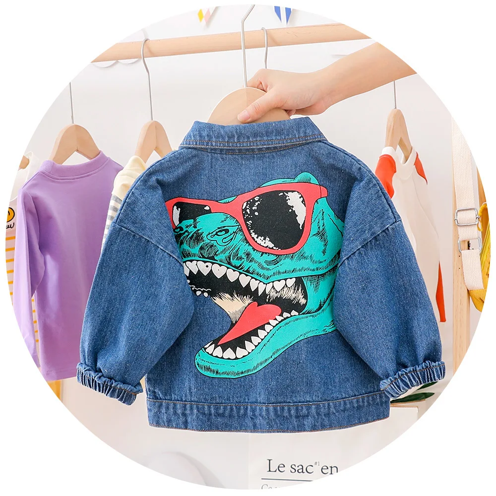 

New arrival denim jacket Dinosaur print Korean style cute kids coat fashion, Blue/white