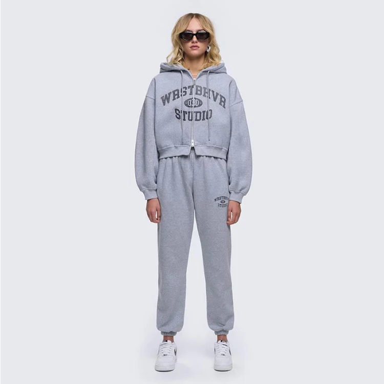

2023 High Quality Terry Fleece Tracksuit Jogger Set Custom Women Two Piece Sweatpants and Cropped Zip Up Hoodie Set