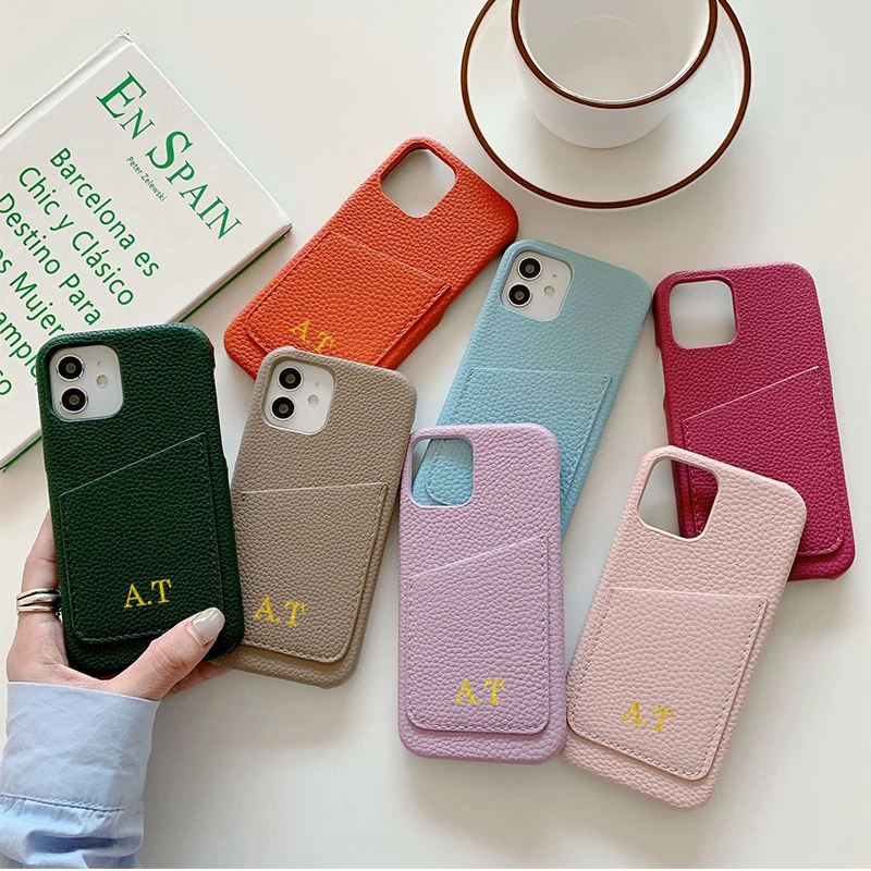 

Custom Initial Name Pebble Card Holder Leather Phone Case For iPhone 11 12 13 Pro X XR XS Max 7 8P Personalization Phone Cover