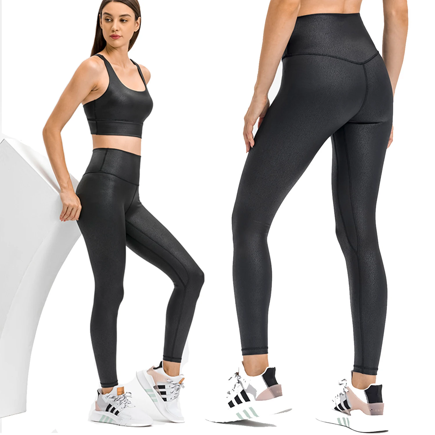 

New 2021 Lulu high waist tight yoga pants women matte press leather print outdoor stretch hip lift fitness pants leggings