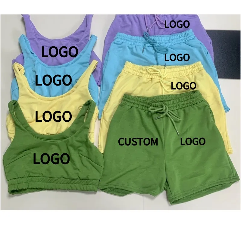 

2022 summer custom logo women clothes Solid crop tank top and short set women outfit girl short sets two piece short set, 15color