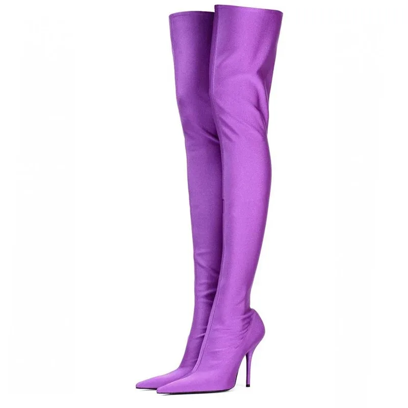 

Dropshipping Purple Elastic Material Luxury Thigh High Over Knee Female Long Boots for Women with Heels, Purple, pink, , green, black, apricot