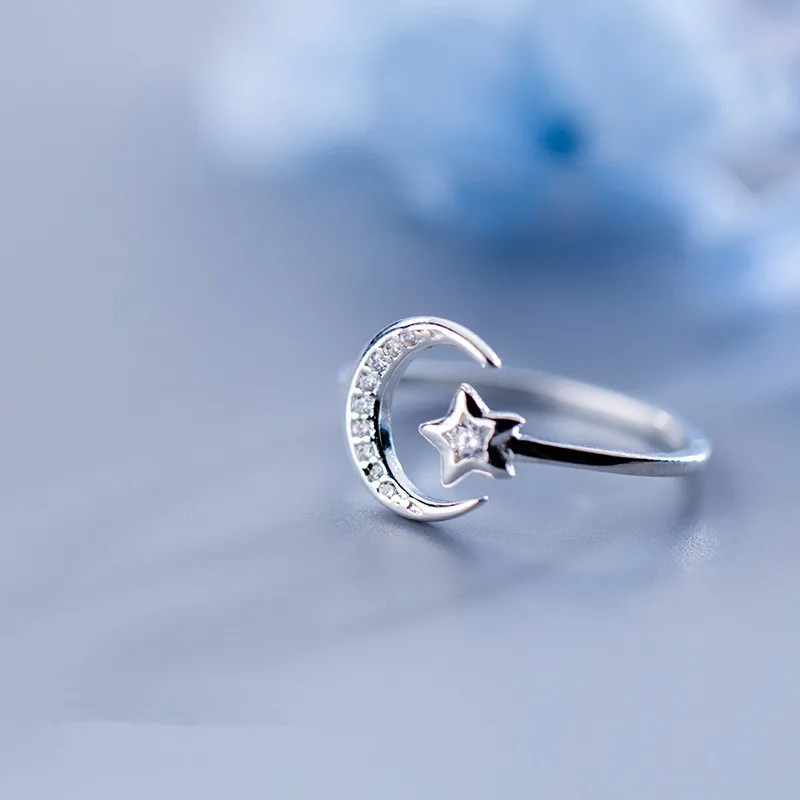 

925 Sterling Silver Crystal Rhinestone Moon Star Round Open Rings For College Friendship Gift, Picture