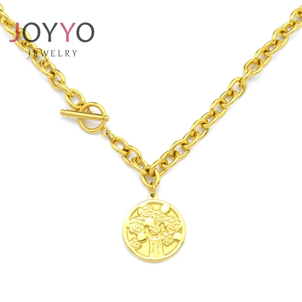 

Fashion necklace 2021 trendy stainless steel tree of life chakra engraved coin necklace 14K gold and silver plated, As picture