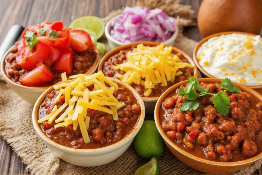 Colorful array of chili toppings including cheese, sour cream, onions, and cilantro in small bowls