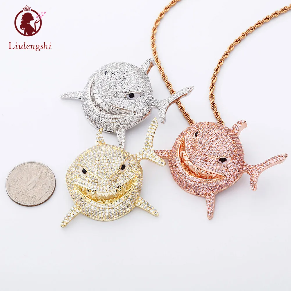 

Trendy Hips Hop Jewelry Zircon Sealife Boxing Shark Pendant Necklace Inlaid Cubic Zirconia Cannabist Shark Necklace For Men