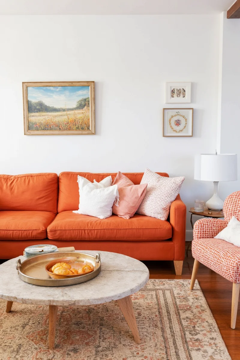 Shatterproof orange ornaments hanging on a mantel