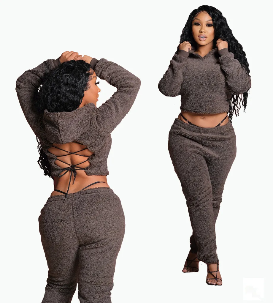 

Women's Wholesale Sexy Halter Long Sleeve Hooded Top Cashmere Set Winter Two-Pieces Set, As pics