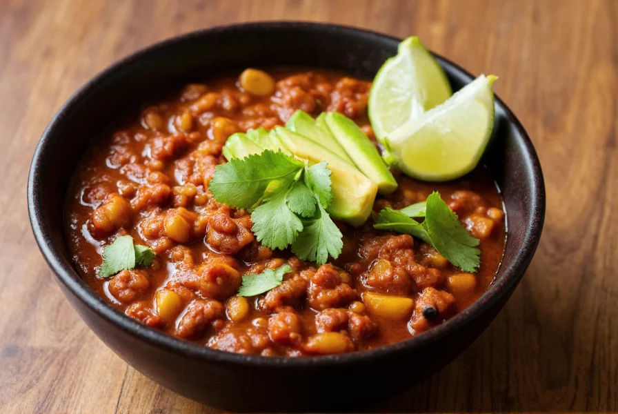 Bowl of vegetarian chili topped with avocado, cilantro, and lime wedges on wooden table