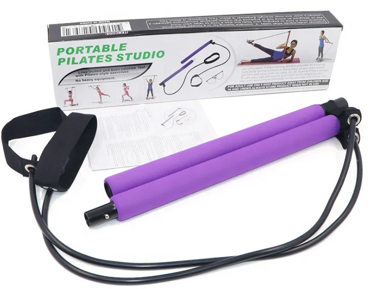 

household Fitness Portable Pilates Trainer Rod Yoga rod with resistance bands polyester fabric, Pink/purple